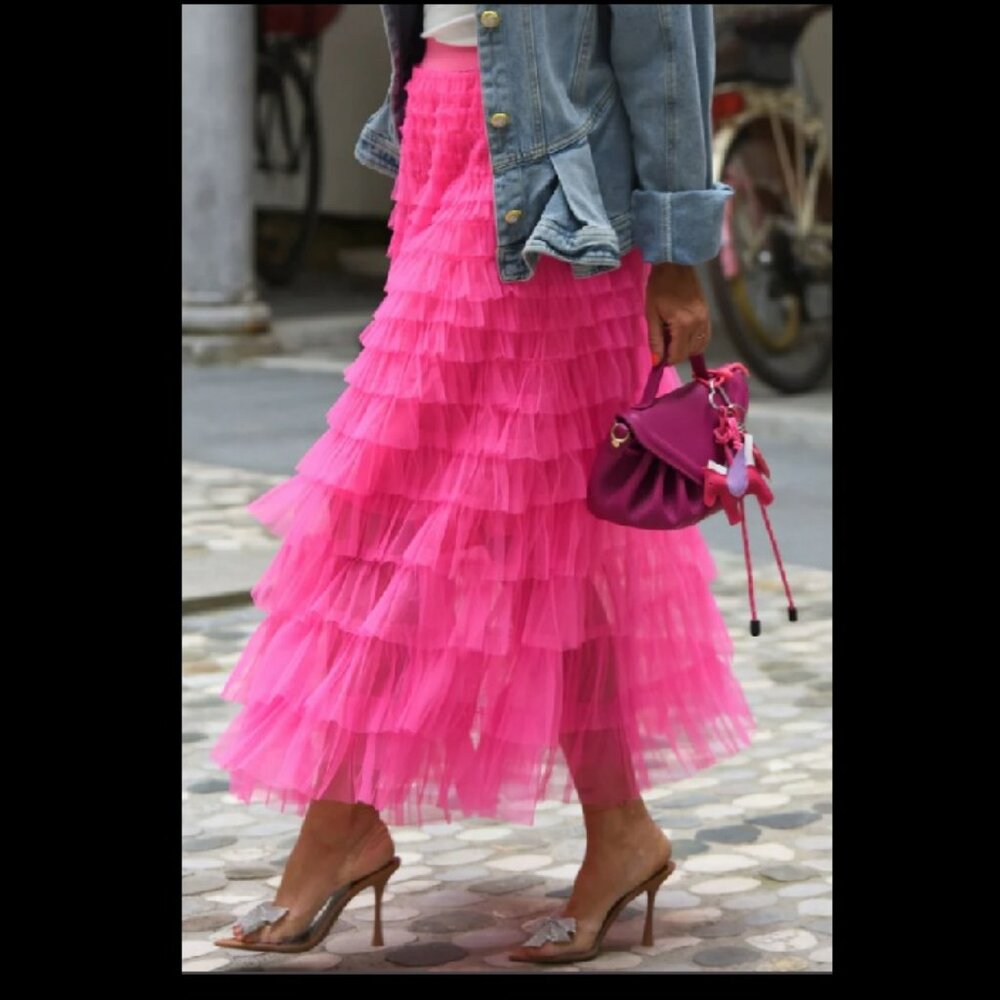 Hot Pink Tulle Ruffle Maxi Skirt Sz 3X
